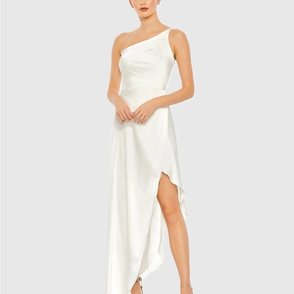 Elegant Satin Hi- Lo One-Shoulder White Dress